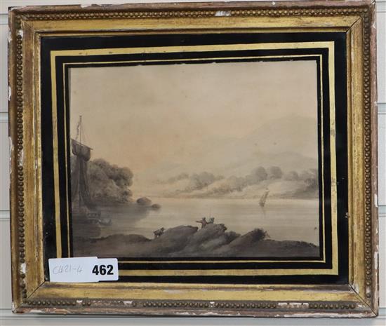 S.H. c.1800, watercolour, Figures on the shore, initialled, 19 x 25cm